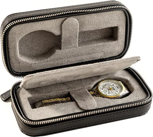 Vista 9 de Mr.Okay Funda de viaje para 2 relojes funda de cuero profesional para hombre, organizador de relojes portátil para almacenamiento y exhibición.