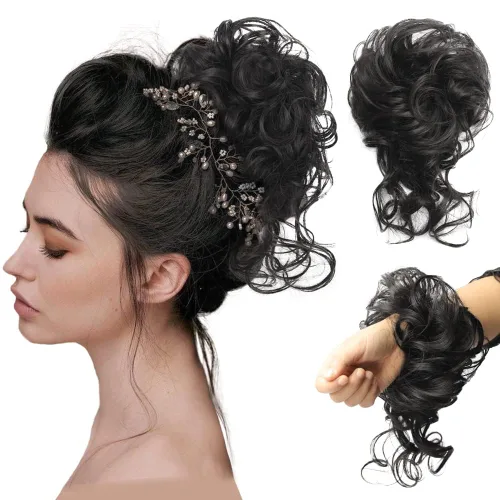 Vista 16 de 2 piezas de Extensiones de Cabello Estilo Moño Despeinado, QIAORUIXIN Extensiones de Cabello Superlargas Estilo Moño Alborotado, Envoltura Ondulada