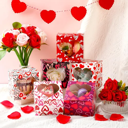 Vista 6 de Outus 24 cajas de postre, 4 x 4 x 3 pulgadas en forma de corazón con ventana de PVC, cajas para el día de San Valentín