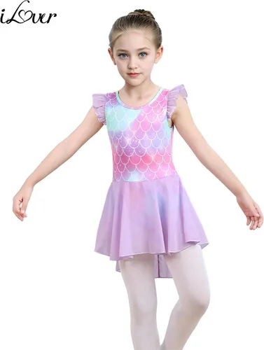 Vista 2 de iLover Vestido de leotardo clásico con mangas con volantes para niñas, para danza, gimnasia y ballet