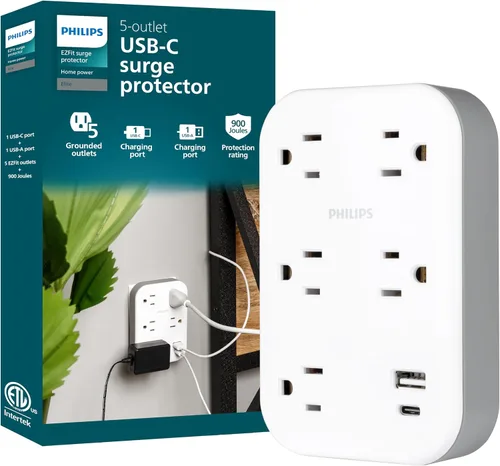Vista 7 de Philips EZFit Extensor de Tomacorriente con Protección contra Sobretensiones de 3 Salidas con USB, 1 USB-A, 1 USB-C, Espaciado para Adaptadores