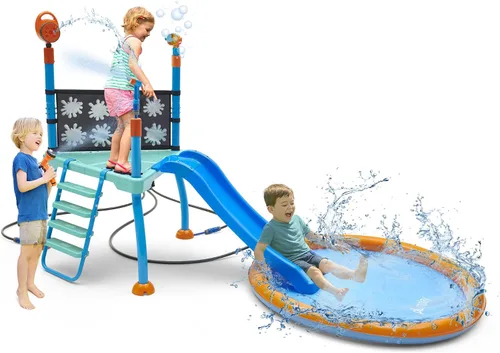 Vista 11 de Plum Play Kids Tobogán de Agua Equipo de Juego Exterior - Juguetes de Agua para Niños Pequeños, Pistola de Agua, Barras de Mono, Aspersor