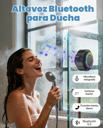 Vista 2 de Altavoz de ducha Bluetooth, IP67 impermeable altavoces portátiles con ventosa, espectáculo de luces, micrófono integrado, mini altavoz para baño