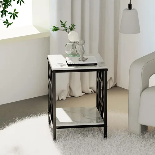 Vista 8 de Mesa auxiliar de piedra sinterizada: mesa de centro pequeña cuadrada blanca de 2 niveles con marco negro - Sofá moderno mesita de noche para sala