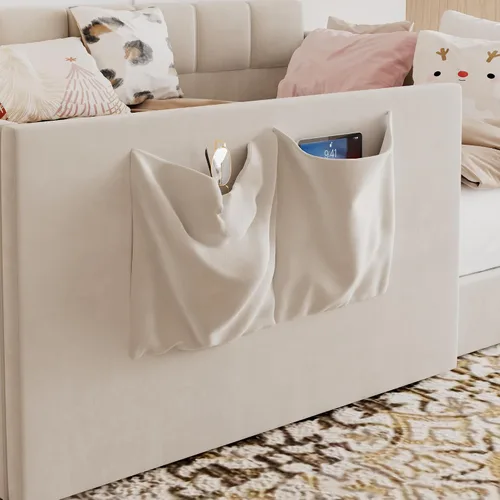 Vista 6 de RUNNA Full Size Daybed Velvet Upholstered Sofa Bed with High Side Panels and Side Entrance,Space-Saving Guest Bed with Storage Pockets (Beige#08)