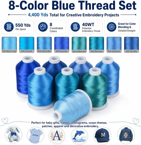 Vista 2 de Simthread Hilo de bordado azul – 8 tonos compatibles con colores Madeira, 550 yardas cada uno, poliéster 40WT, para Brother, Babylock, Janome