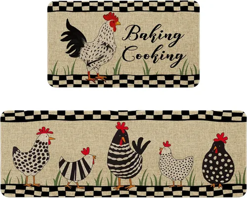 Vista 10 de Alfombras de Cocina Vintage Negras y Verdes Botánicas, Juego de 2 Alfombras de Cocina Antideslizantes Lavables, Tapetes de Cocina con Helechos