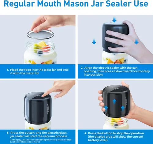 Vista 5 de Kit de sellado al vacío mejorado con parada automática para tarros Mason, incluye tapas, para tarros de boca ancha y regular, pantalla grande