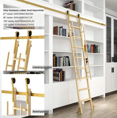Vista 2 de DIYHD Kit de herramientas de escalera deslizante de 5 pies, sistema de pista rodante con rodillos de suelo de frenado, acabado dorado, escalera