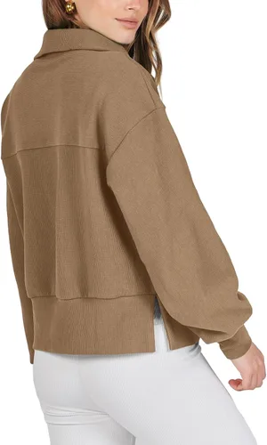 Vista 5 de Bowiln Women's Half Zip Oversized Sweatshirts Loose Lapel Long Sleeve Drop Shoulder Workout Pullover Hoodie Fall Clothes