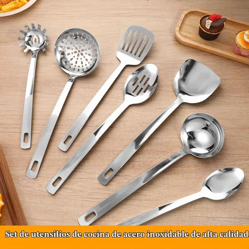 Vista 2 de Juego de utensilios de cocina de acero inoxidable, 7 piezas, cucharón, cucharón, cucharón, cuchara de sopa para servir, cucharas de servir