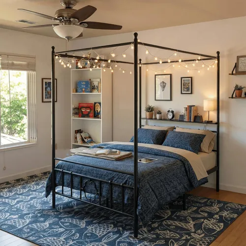 Vista 8 de Homkdom Twin Canopy Bed Frame with Storage Headboard,Noise-Free,Black