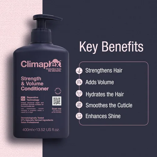 Vista 2 de Climaplex Acondicionador de fuerza y volumen, propiedades hidratantes y protectoras, contiene beneficios desenredantes, deja el cabello suave como