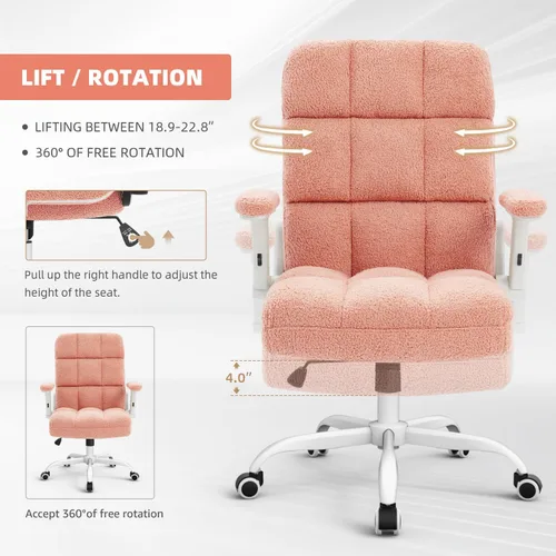 Vista 8 de SEATZONE Silla de oficina rosa ergonómica con ruedas, silla de escritorio para computadora de felpa sintética, silla de oficina cómoda para mujeres