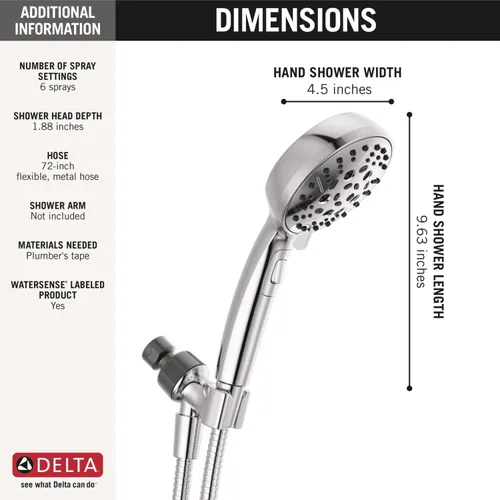 Vista 4 de Delta Faucet H2Okinetic - Cabezal de ducha de mano de 6 ajustes, ducha cromada con manguera, ducha de mano 1.75 GPM, cromo 75536
