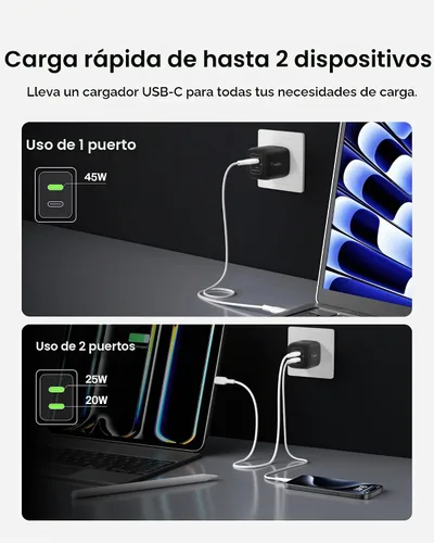 Vista 3 de [Usado] Belkin Bloque de cargador USB C dual de 45 W, PD3.0 con GaN - Carga súper rápida - Samsung Galaxy S25, Apple iPhone 17, Air, Pro, Pro Max