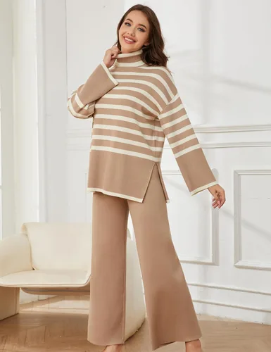 Vista 4 de Tanming Conjuntos de suéter para mujer, manga larga, a rayas, informal, de punto, pantalones de pierna ancha