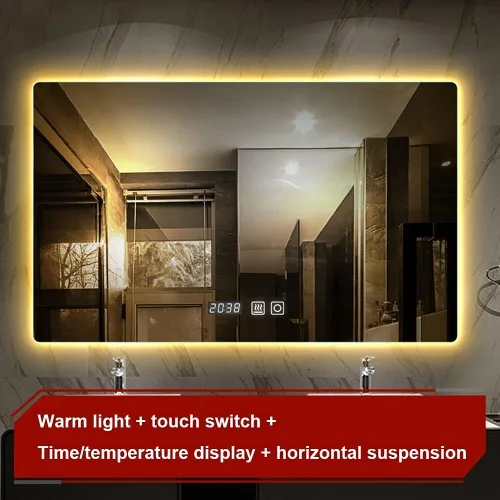 Vista 3 de Espejo de maquillaje rectangular sin marco, espejo de baño LED de tacto inteligente, luz cálida, espejo de pared horizontal/vertical, pantalla