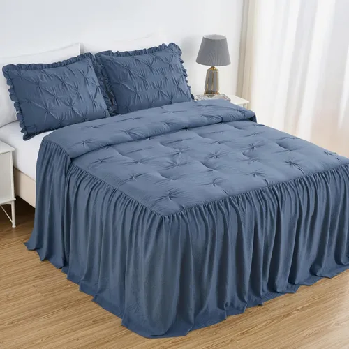 Vista 2 de Chezmoi Collection Aria - Juego de colcha plisada de 3 piezas con falda con volantes – French Country Chic Farmhouse – Matrimonial, color azul Azul