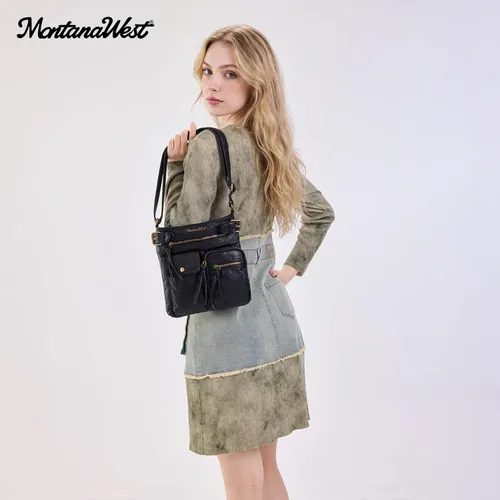 Vista 2 de Montana West Crossbody Bag for Women Soft Washed Leather Multi Pocket Negro