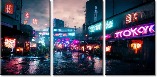 Vista 11 de Cuadros de 3 paneles de Cyberpunk City - Arte de pared de vallas publicitarias de edificios modernos en la capital con obras de arte modernas