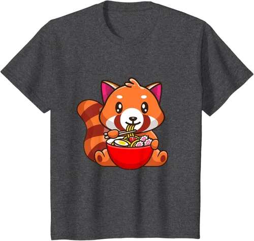 Vista 18 de Camiseta Kawaii Anime Red Panda Eating Ramen Noodles, Negro, S