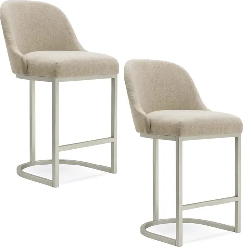 Vista 11 de Leick Home 10133PW/OL Taburete de bar con base de metal, juego de 2, para encimeras de cocina elevadas, mesas altas y bares, asiento moderno de lino