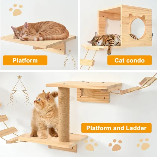 Vista 6 de PETKABOO - Muebles de pared para gatos, muebles de pared de pino para gatos, estantes de escalada con escalador, condominio, poste rascador