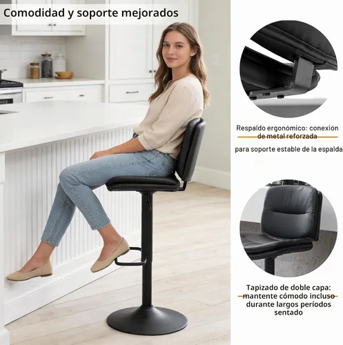 Vista 4 de FIRAVOE Juego de 2 taburetes de bar giratorios, taburetes de bar de altura de mostrador tapizados de doble capa con respaldo, taburete de bar Negro
