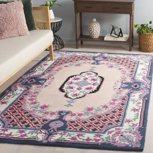 Vista 25 de SAFAVIEH Bellagio Collection - Alfombra decorativa de 2 x 3 pies, azul y rosa, hecha a mano de lana de medallón, ideal para zonas de alto tráfico