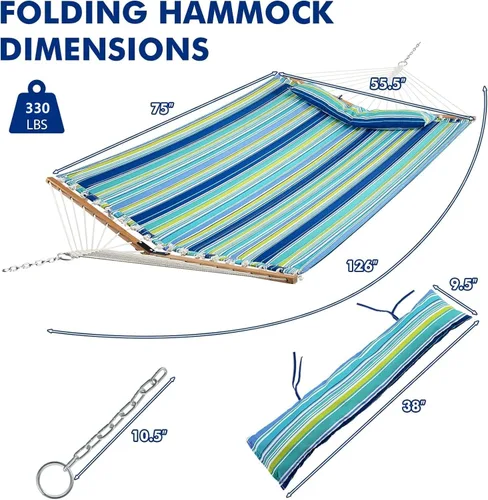 Vista 7 de Goplus Hamaca acolchada de 10.5 pies, hamaca acolchada para 2 personas con almohada desmontable, capacidad de 330 libras, barra separadora curvada
