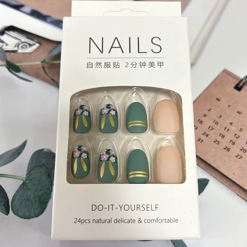 Vista 6 de Uñas postizas cortas ovaladas a presión, con forma de ataúd, reutilizables, uñas postizas adhesivas con línea dorada con purpurina y diseño