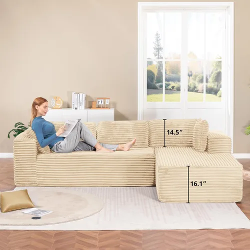 Vista 4 de LUCKLIFE - Sofá seccional modular con chaise en forma de L, tapizado en pana, sofás sin huesos para sala de estar, sofá cama extragrande, no Beige