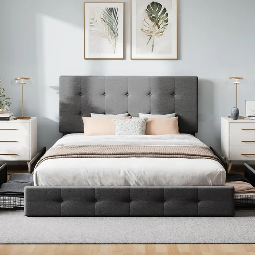 Vista 34 de WEEWAY Base de cama de plataforma tamaño King con 4 cajones de almacenamiento, cabecera capitonada con botones de costura de diamante, base de Negro