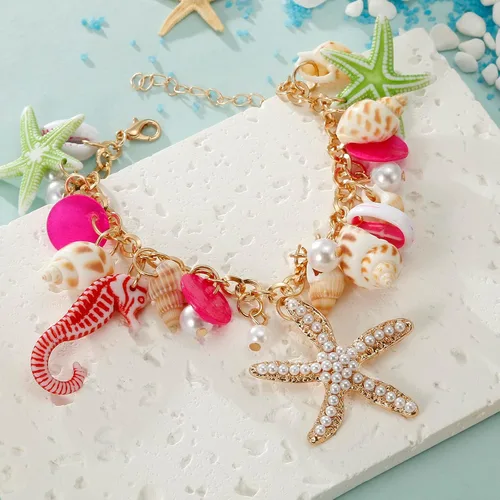 Vista 4 de RUOFFETA Collar de estrella de mar de concha, pulsera de caracola, collar grueso de sirena, joyería de playa para mujer