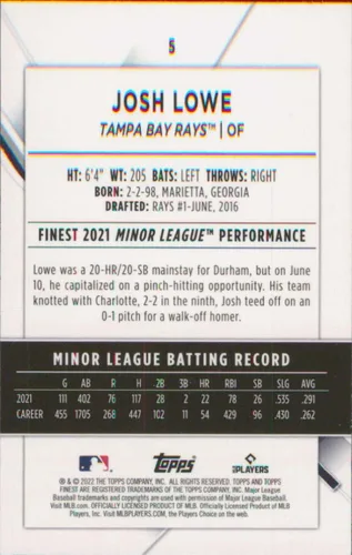 Vista 2 de 2022 Topps Finest #5 Josh Lowe RC Rookie Tampa Bay Rays MLB Baseball Trading Card