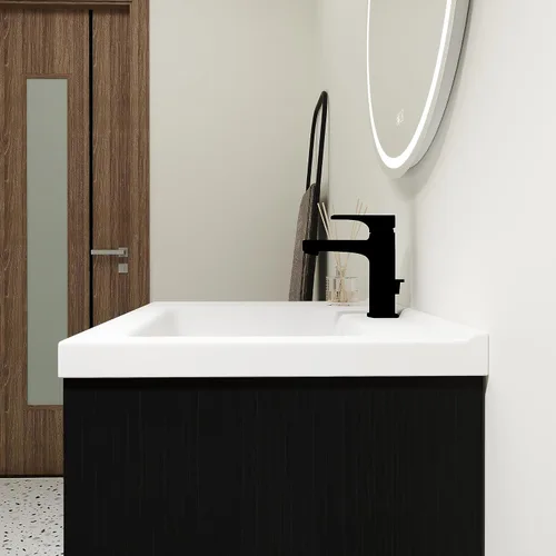 Vista 4 de Tocador de baño de 24 pulgadas con lavabo, juego de tocador flotante Mordern con mango de metal dorado y parte superior de fregadero de cerámica