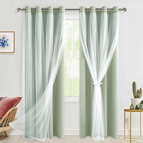 Vista 23 de Hiasan Cortinas opacas con superposición transparente, aislamiento térmico para mezclar y combinar de doble capa, cortinas de oscurecimiento de Beige