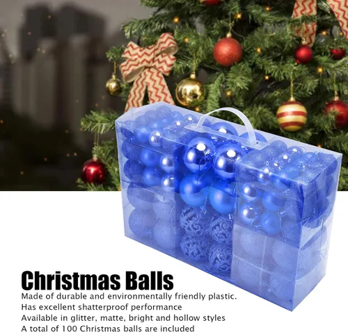 Vista 7 de Juego de 100 adornos de bolas de Navidad, decoraciones colgantes de temporada, bolas de Navidad de plástico inastillables, juego a granel para Azul