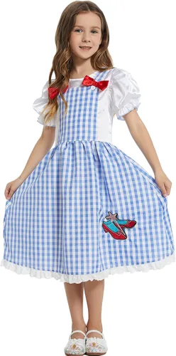 Vista 8 de WXCTEAM Disfraz de mago para niños y niñas, vestido de guinga con mangas abullonadas y estampado a cuadros