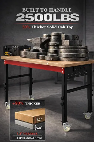 Vista 2 de Banco de trabajo resistente de 60 pulgadas, banco de trabajo de capacidad de carga de 2500 libras con parte superior de madera laminada de 1.2