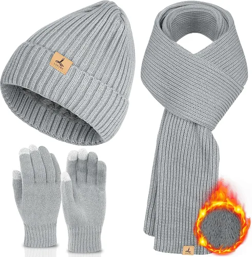 Vista 10 de Winter Hat Scarf Gloves Set, Knitted Ribbed Beanie Winter Gift Men Boys Mezcla gris y negro