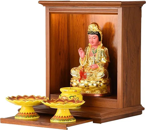 Vista 8 de Estante budista de madera para altar de Buda, Santuario de Buda que ahorra espacio, mesa de casa Pooja Pooja de madera, mesa de altar de meditación