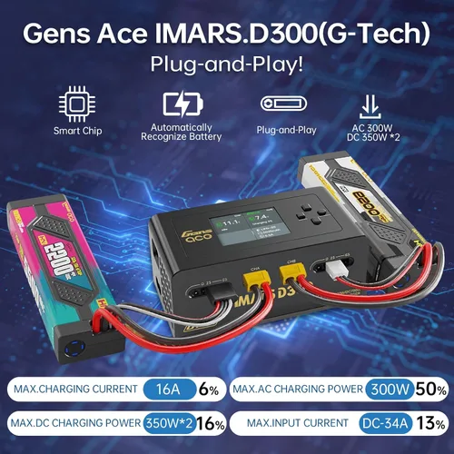Vista 3 de Lipo Cargador de batería, cargador Gens Ace IMARS D300 G-Tech Series Smart Dual Lipo Balance Charger AC 300W DC 700W (350W* 2) 16A RC Cargador