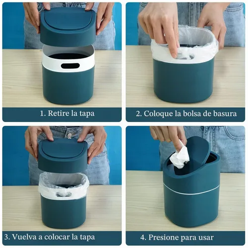 Vista 4 de Mini Cubo de Basura de Escritorio con Tapa con Bolsas de Basura 180 Piezas, Cubo de Basura Pequeño de Cubierta Plástica con Tapa Giratoria para Azul