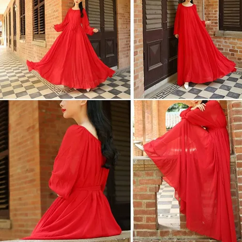 Vista 4 de BUENOS NINOS Vestido largo de gasa con cuello redondo y manga larga para mujer con cinturón