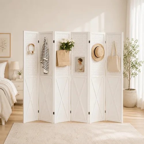 Vista 10 de Divisor de Habitación de Madera con Tablero Perforado de 4 Paneles, Pantalla de Privacidad Plegable con Exhibidor de Tablero Perforado de 5.6 Pies