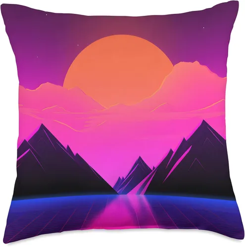 Vista 4 de PP Accessories Synthwave Landscape Retrowave 80s Vaporwave Throw Pillow, 16x16, Multicolor
