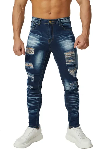Vista 3 de HUNGSON Pantalones de mezclilla ajustados rasgados para hombre