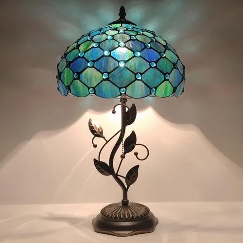 Vista 4 de Tiffany Table Lamp, Stained Glass Desk Light, W12H19 Inch, Metal Leaf Base (Sea Blue Pearl Style)